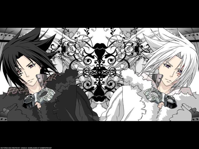 two anime characters in black and white