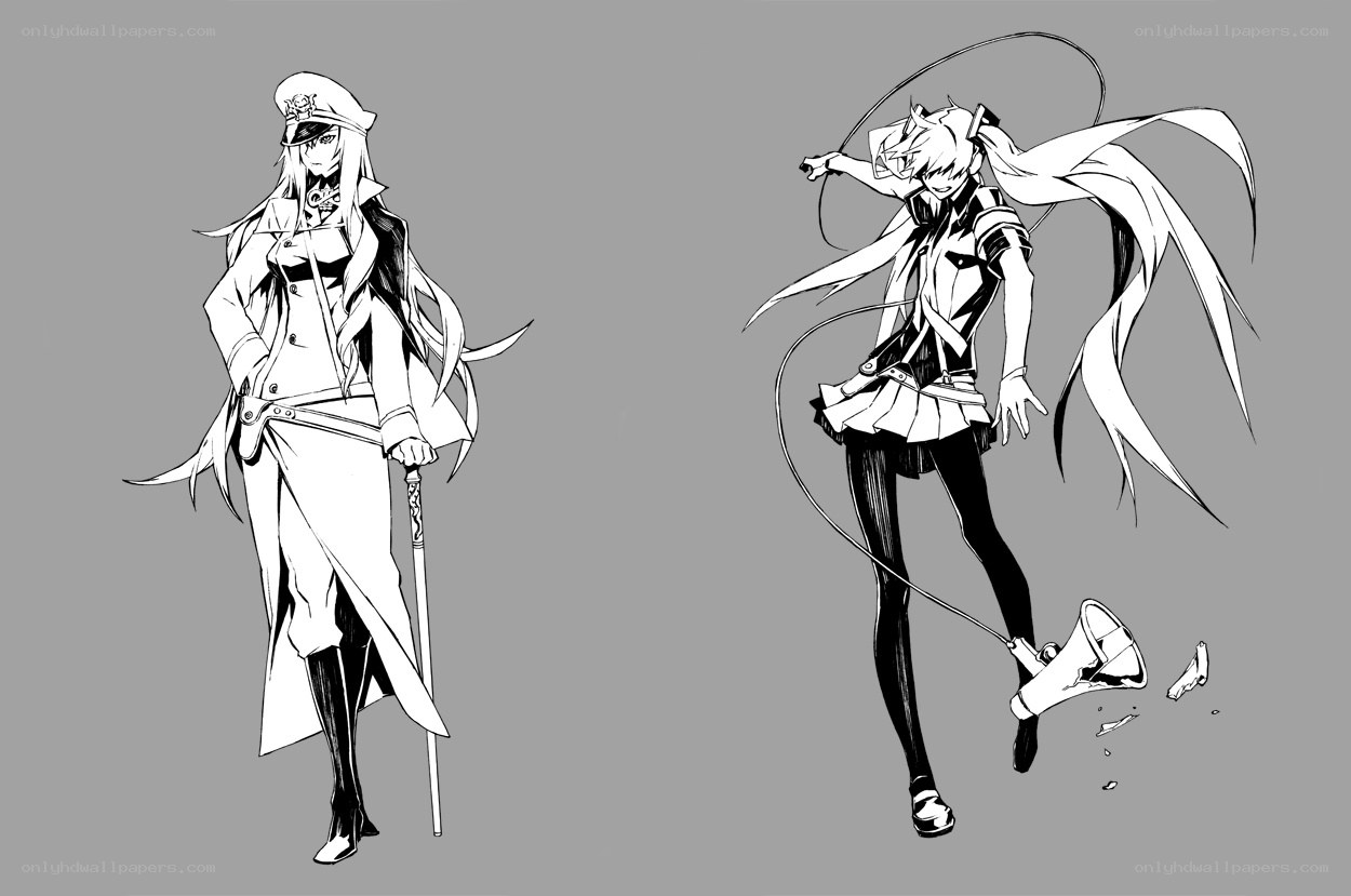Two anime characters in black and white