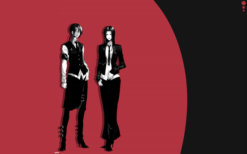 two anime characters in black suits
