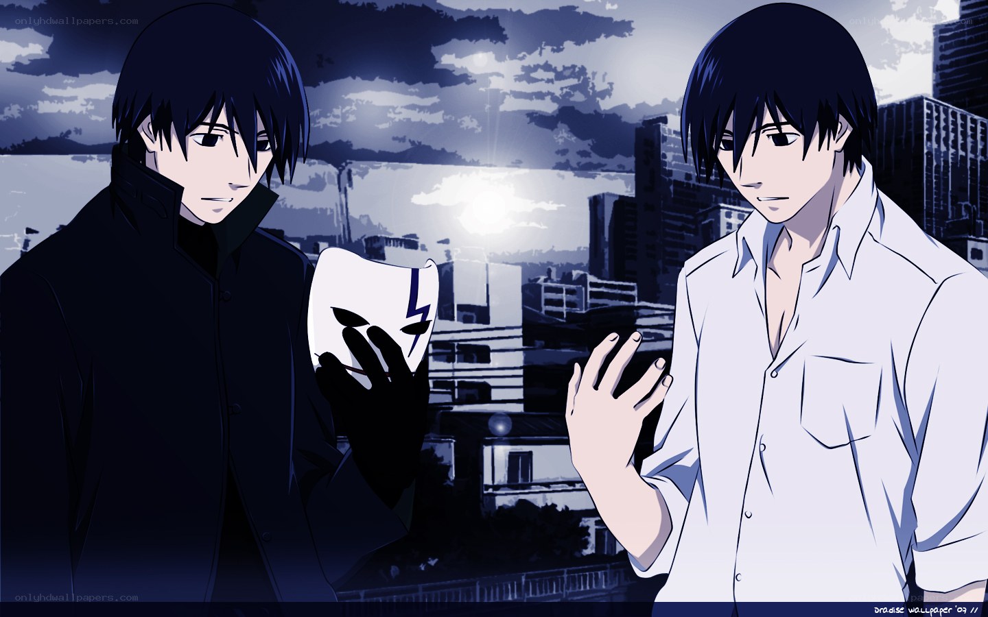Two anime characters in cityscape