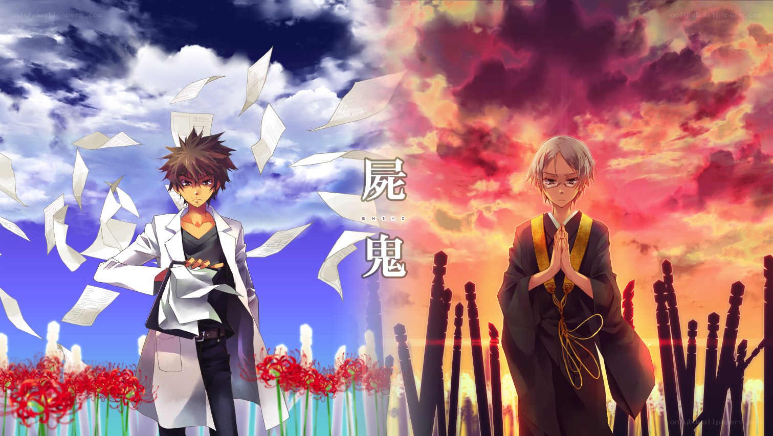 Two anime characters in contrasting scenes