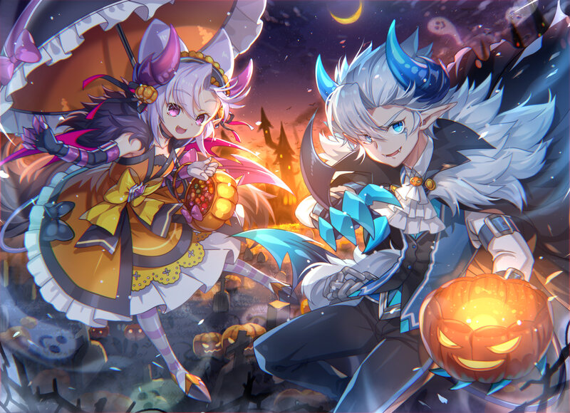 Two Anime Characters in Costumes — Orange, Festive