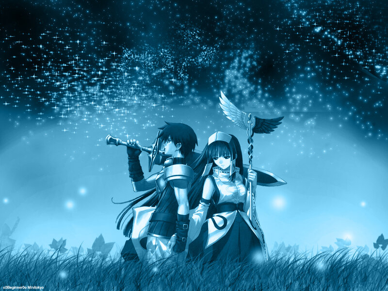 Two Anime Characters in Field — Blue, Serene, Night