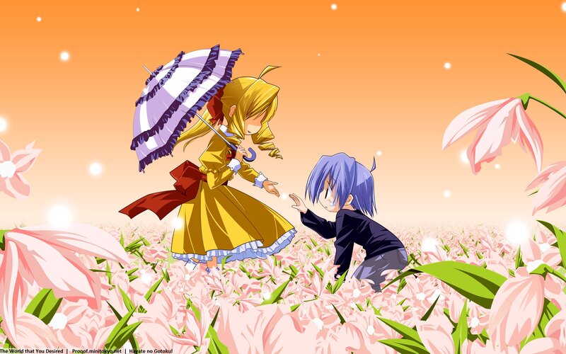 Two Anime Characters in Field — Orange, Serene, Sunset