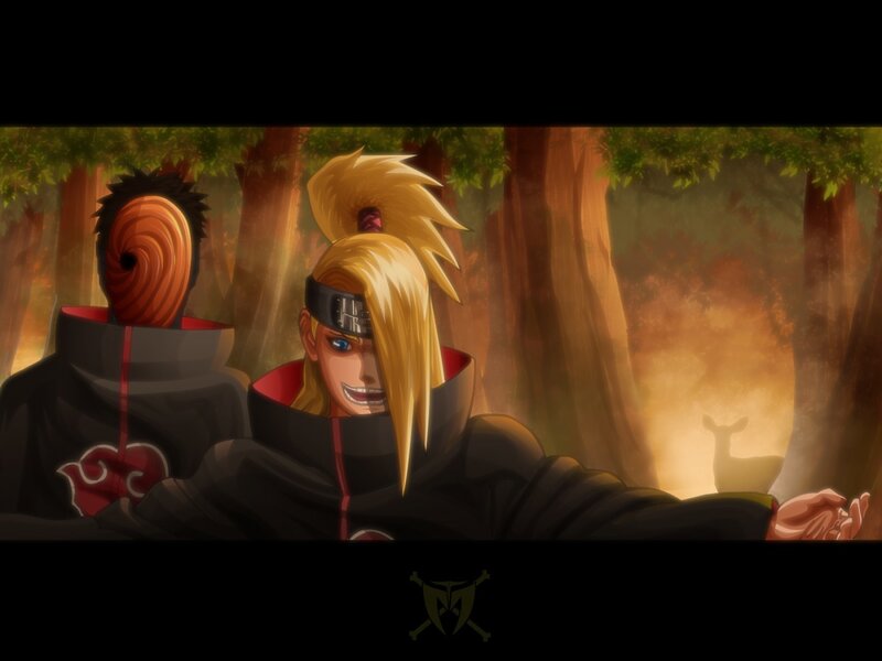 Two Anime Characters in Forest — Black, Dramatic, Sunset