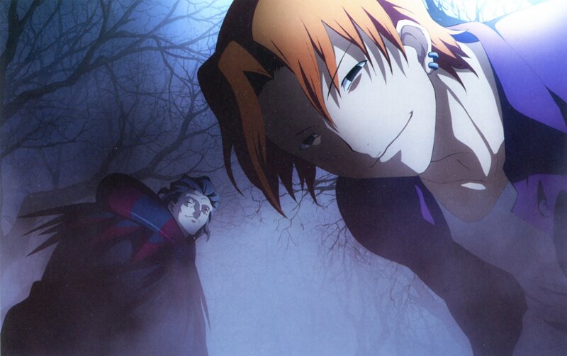 Two Anime Characters in Forest — Blue, Dramatic, Night, Trees