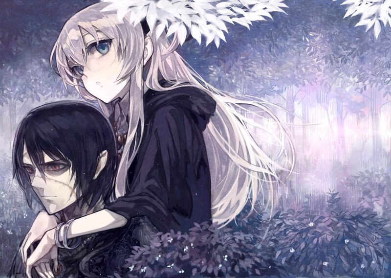Two Anime Characters in Forest — Purple, Dramatic, Night