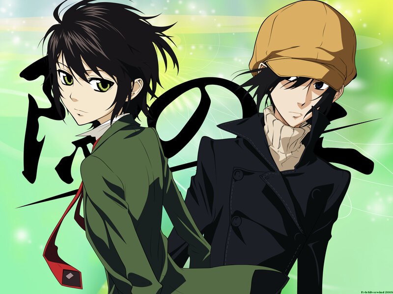 Two anime characters in green and black