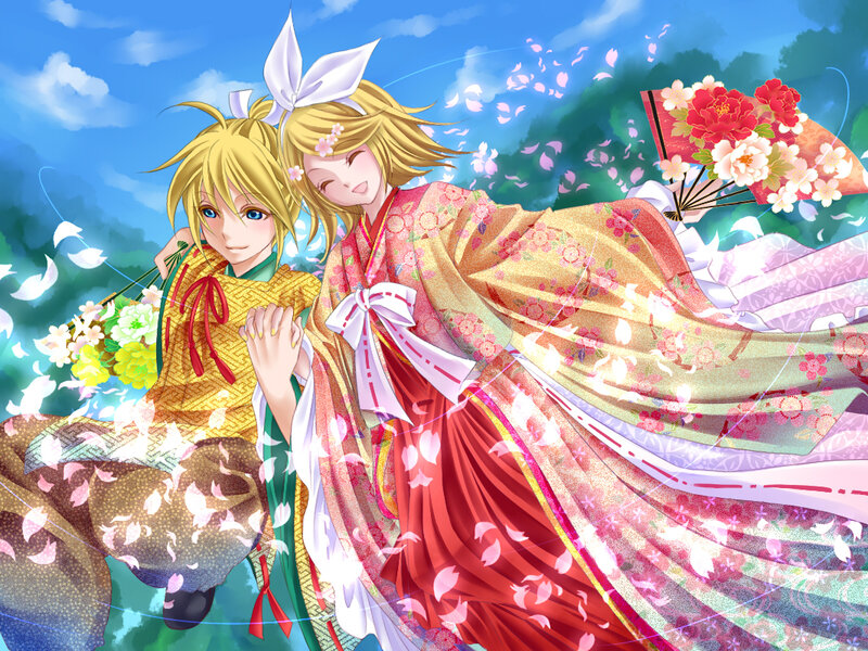 Two Anime Characters in Kimonos — Red