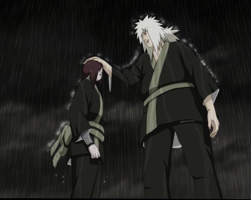 Two Anime Characters in Rain — Black, Dramatic, Night, Hand on Head