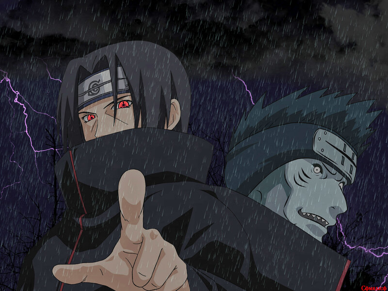 Two Anime Characters in Rain — Black, Dramatic, Night, Lightning
