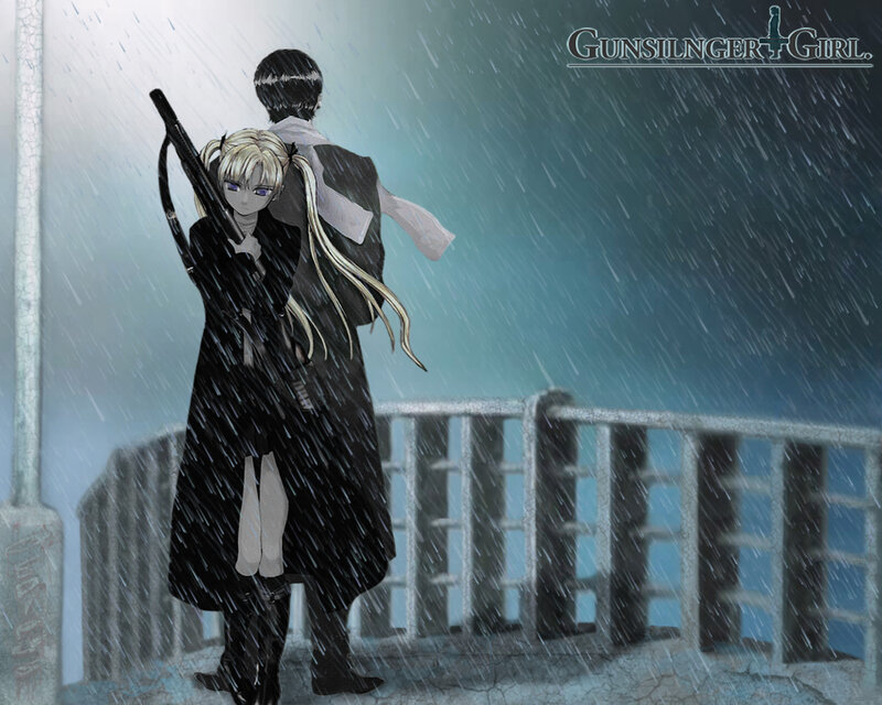Two Anime Characters in Rain — Black, Dramatic, Night, Railing