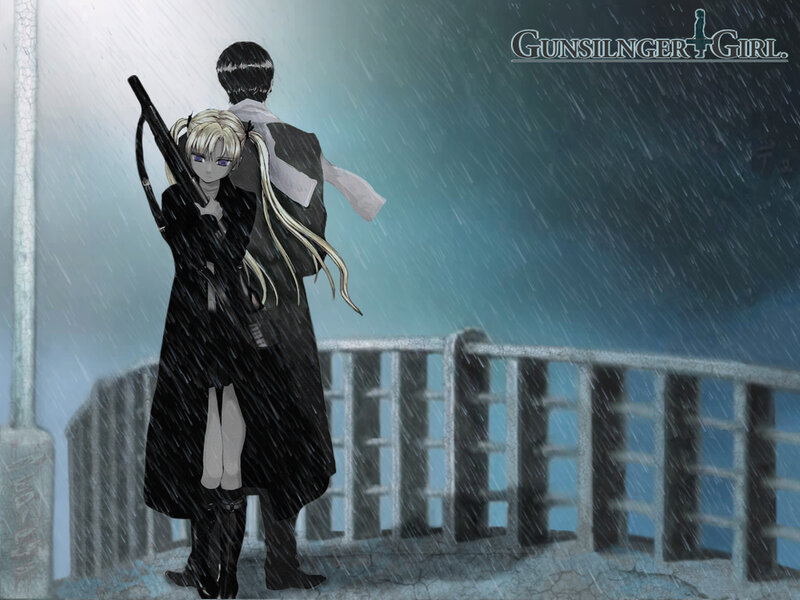 Two Anime Characters in Rain — Black, Dramatic