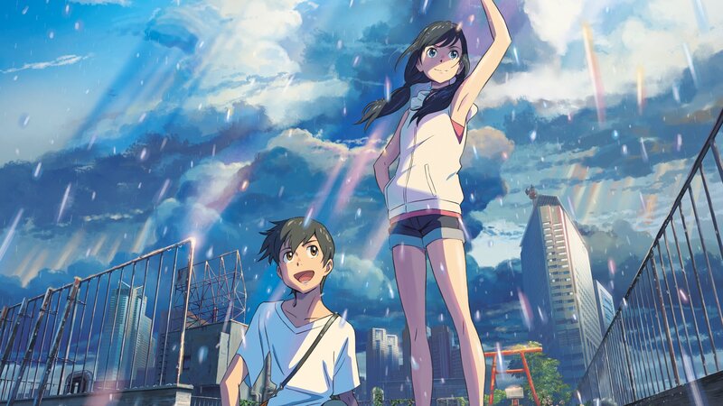 Two Anime Characters in Rain — Blue, Dramatic, Afternoon