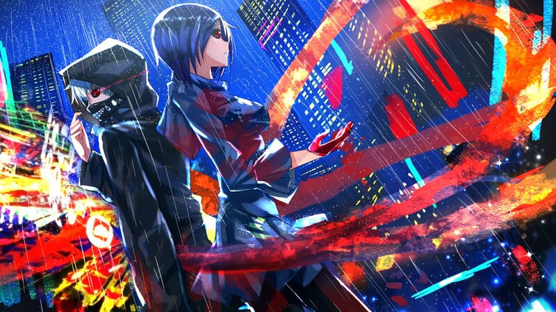 Two Anime Characters in Rain — Blue, Dramatic, Intense