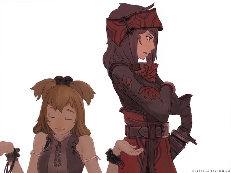 Two anime characters in red armor