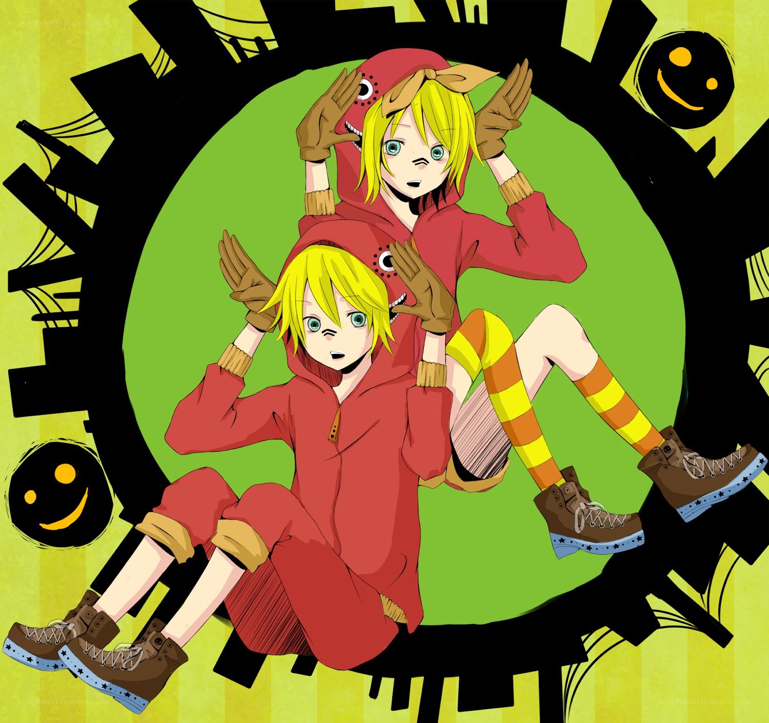 Two anime characters in red hoodies