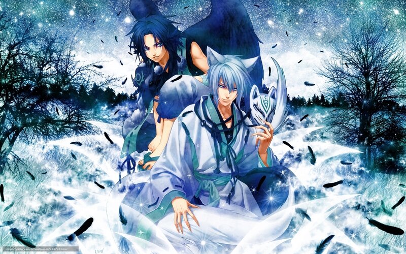Two Anime Characters in Snow — Blue, Dramatic, Winter, Feathers