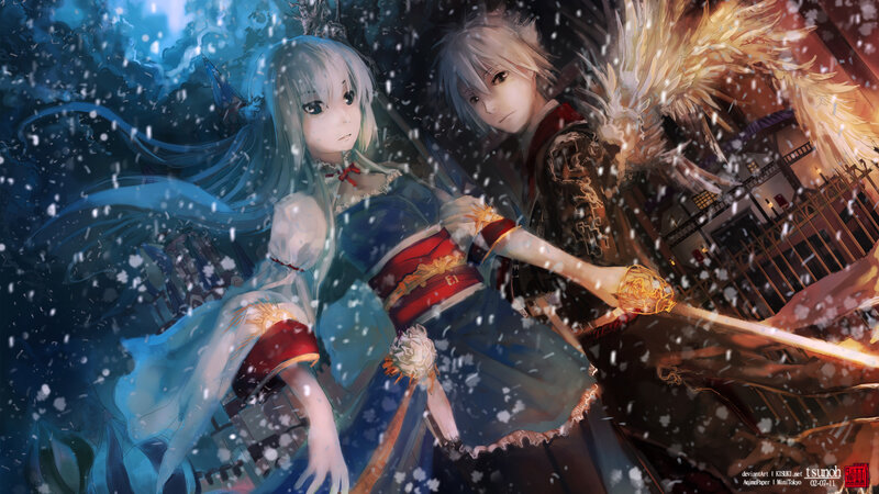 Two Anime Characters in Snow — Blue, Dramatic, Winter