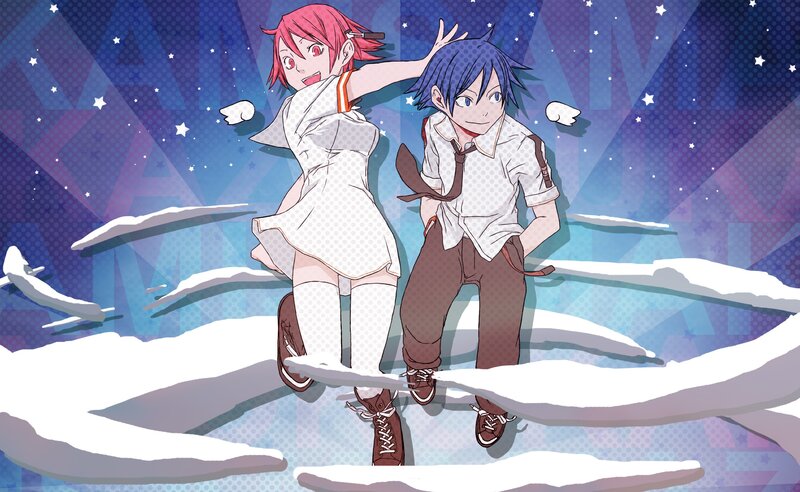 Two Anime Characters in Snow — Blue, Playful, Night