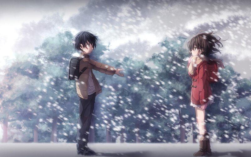 Two Anime Characters in Snow — White, Serene, Winter, Trees