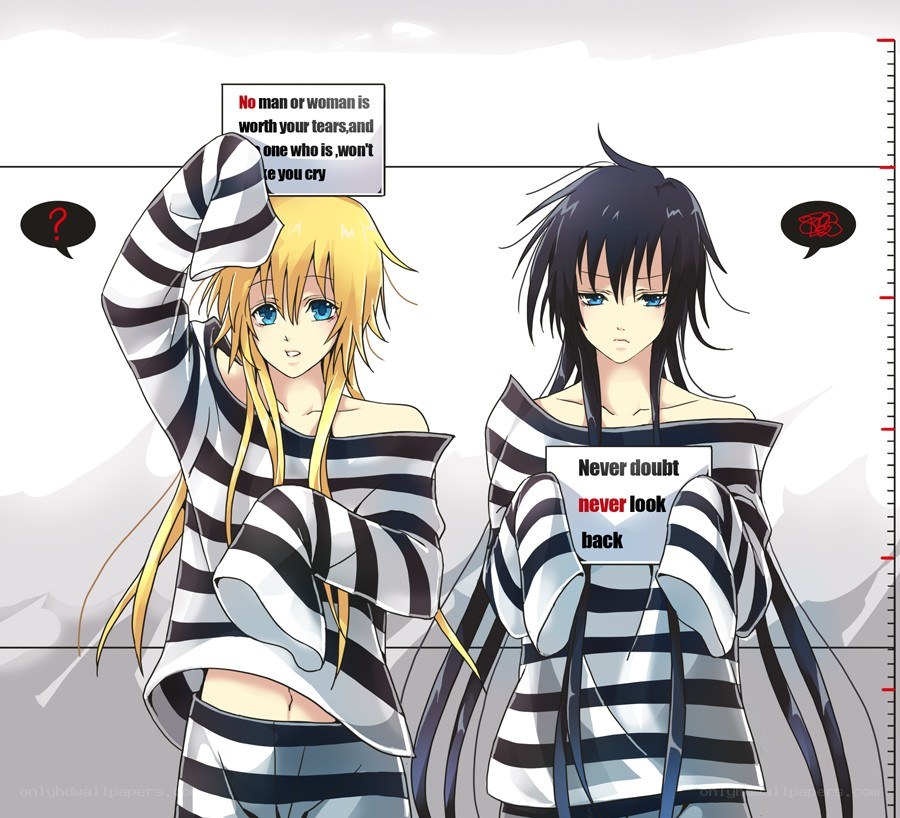 Two anime characters in striped shirts