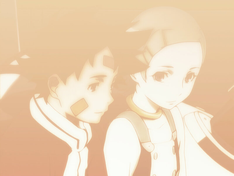 two anime characters in warm light