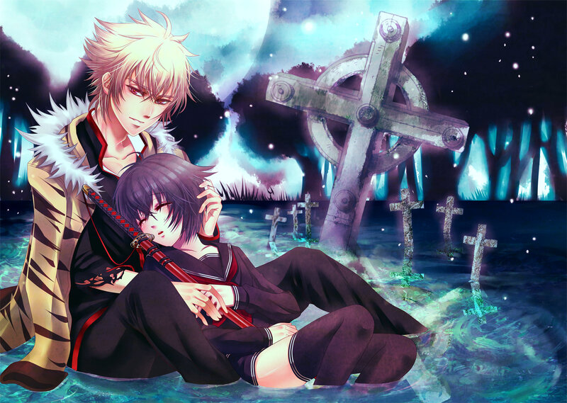 Two Anime Characters in Water — Blue, Dramatic, Night, Crosses