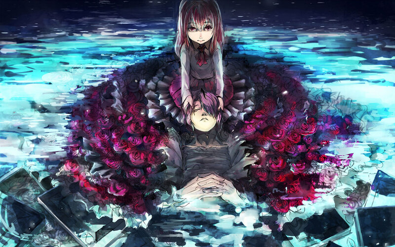 Two Anime Characters in Water — Blue, Dramatic, Night