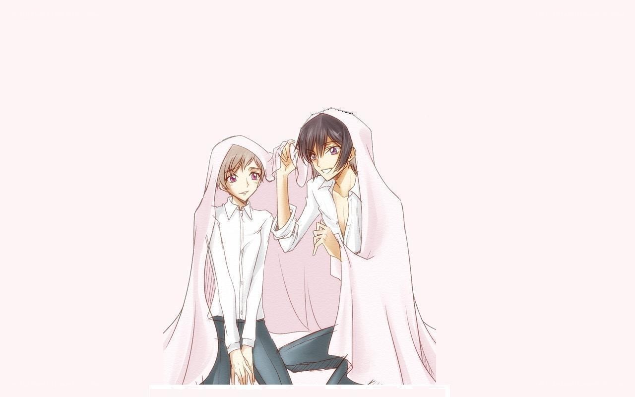 two anime characters in wedding attire
