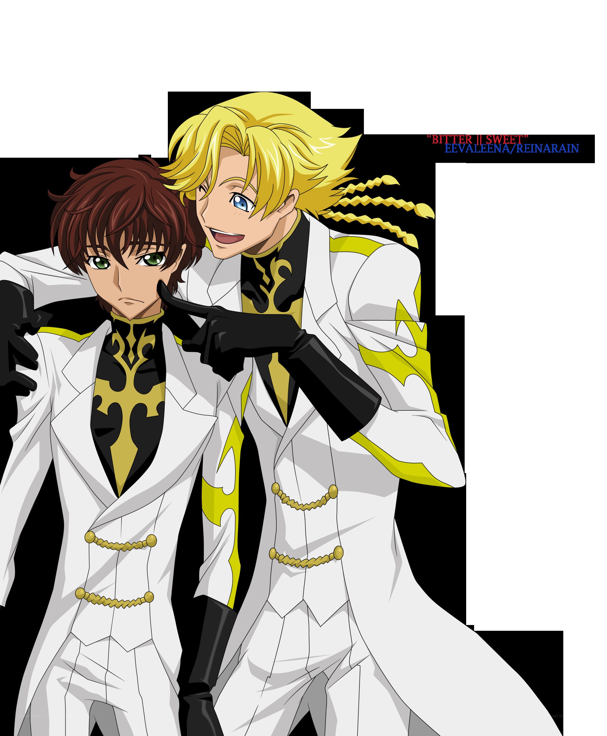 Two anime characters in white suits