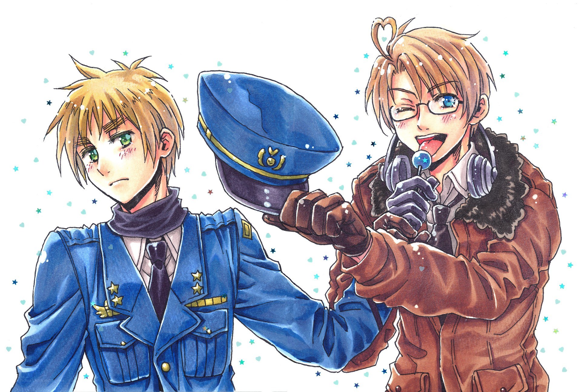 Two anime characters in winter attire