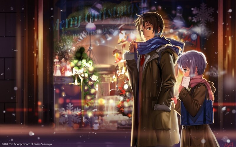 Two Anime Characters in Winter — Brown, Festive, Snowflakes