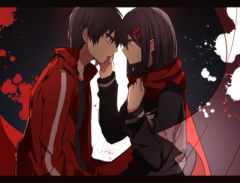 Two Anime Characters Kissing — Black, Dramatic, Red Scarf