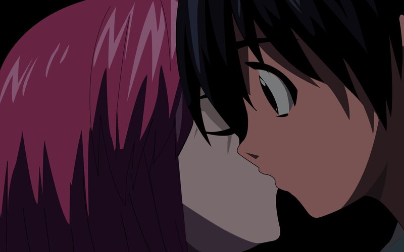 Two Anime Characters Kissing — Black, Intimate, Close-up