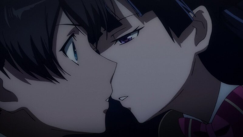 Two Anime Characters Kissing — Black, Intimate, Night