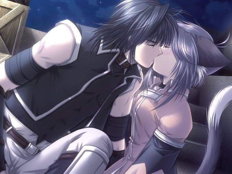 Two Anime Characters Kissing — Black, Romantic