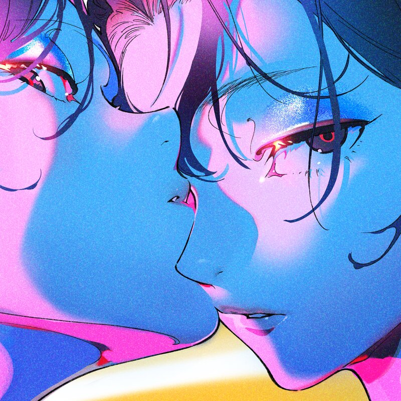 Two Anime Characters Kissing — Blue, Dramatic, Digital Art
