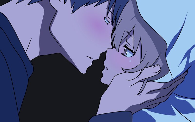 Two Anime Characters Kissing — Blue, Intimate, Blush
