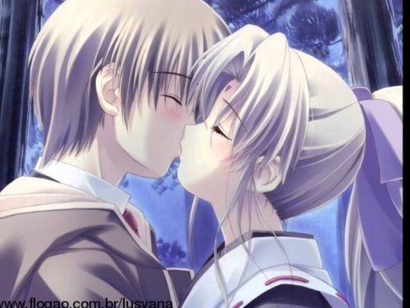 Two Anime Characters Kissing — Blue, Romantic, Night, School Uniforms