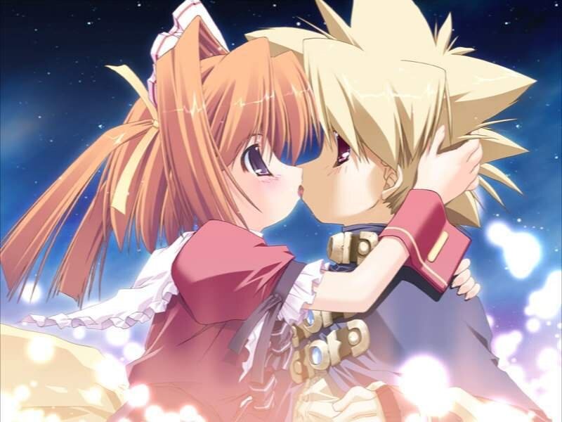 Two Anime Characters Kissing — Blue, Romantic, Night
