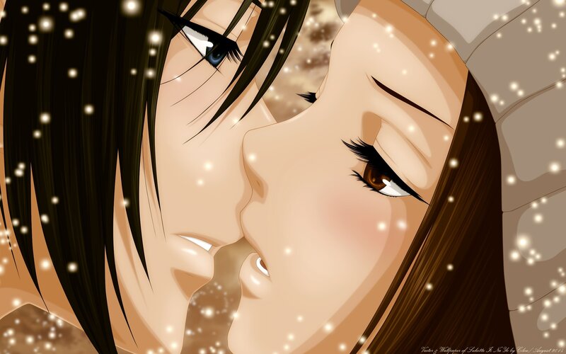 Two Anime Characters Kissing — Brown, Romantic