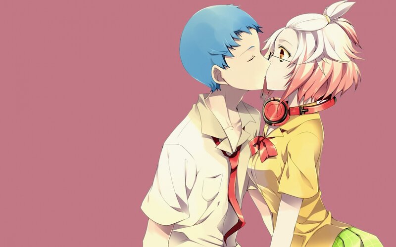 Two Anime Characters Kissing — Pink, Romantic, Headphones