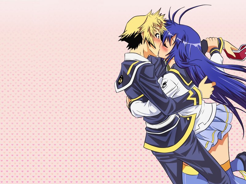 Two Anime Characters Kissing — Pink, Romantic, School Uniforms