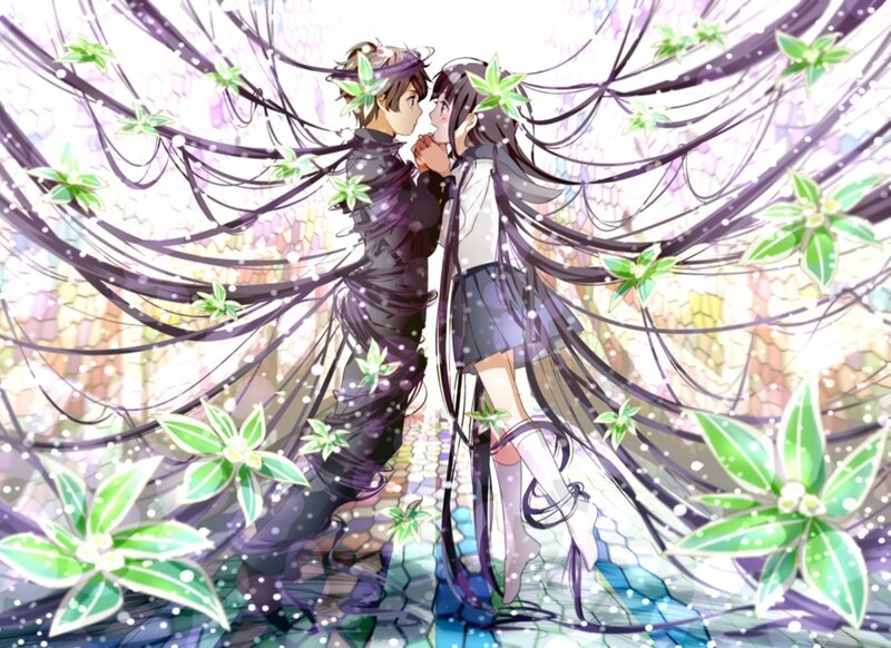 Two Anime Characters Kissing — Purple, Romantic, Flowers