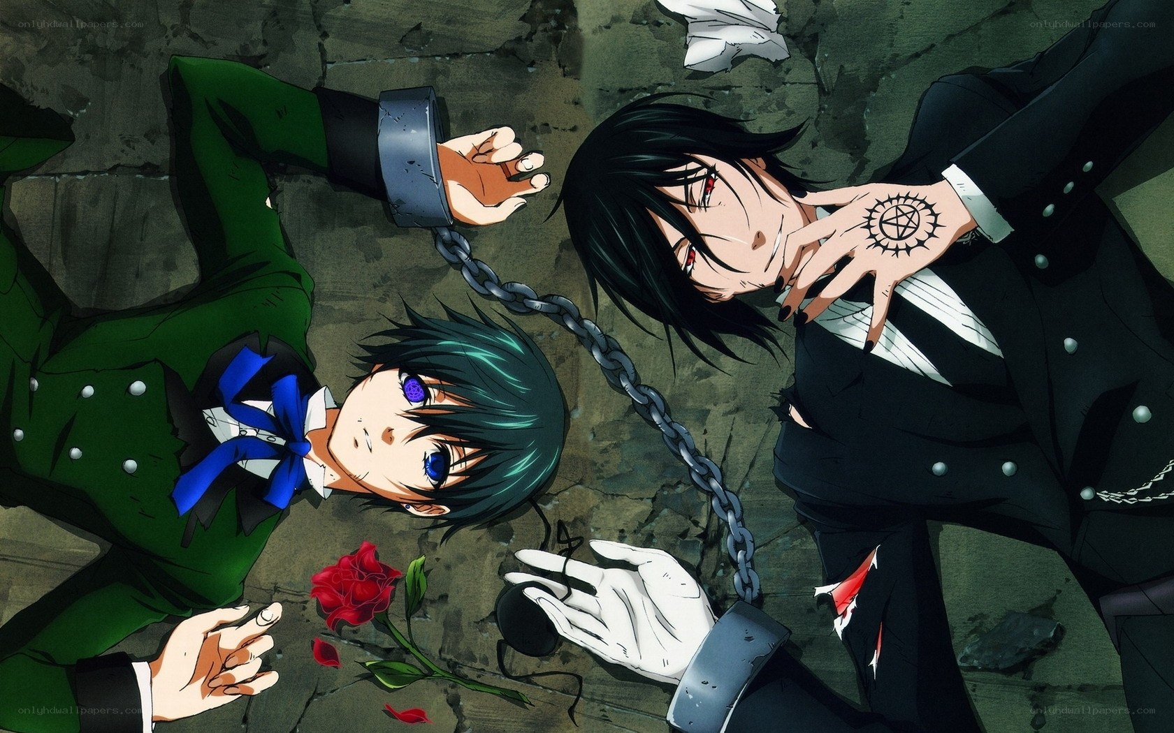 Two anime characters lying on the ground