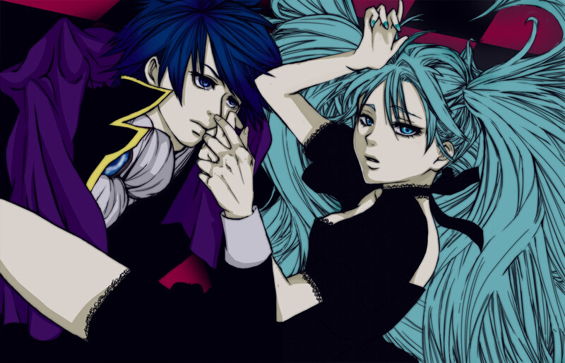 two anime characters lying together