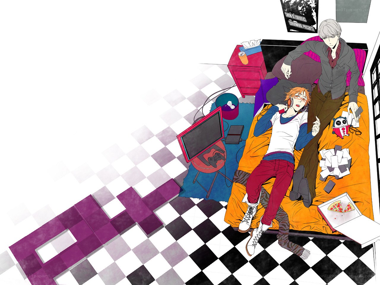 Two anime characters on a bed