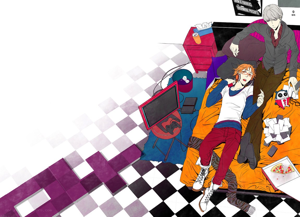 Two anime characters on a bed