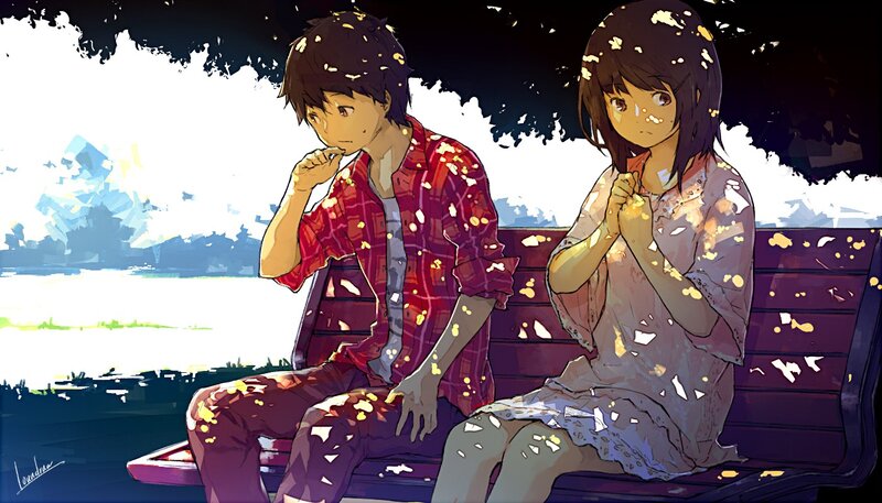 Two anime characters on a bench